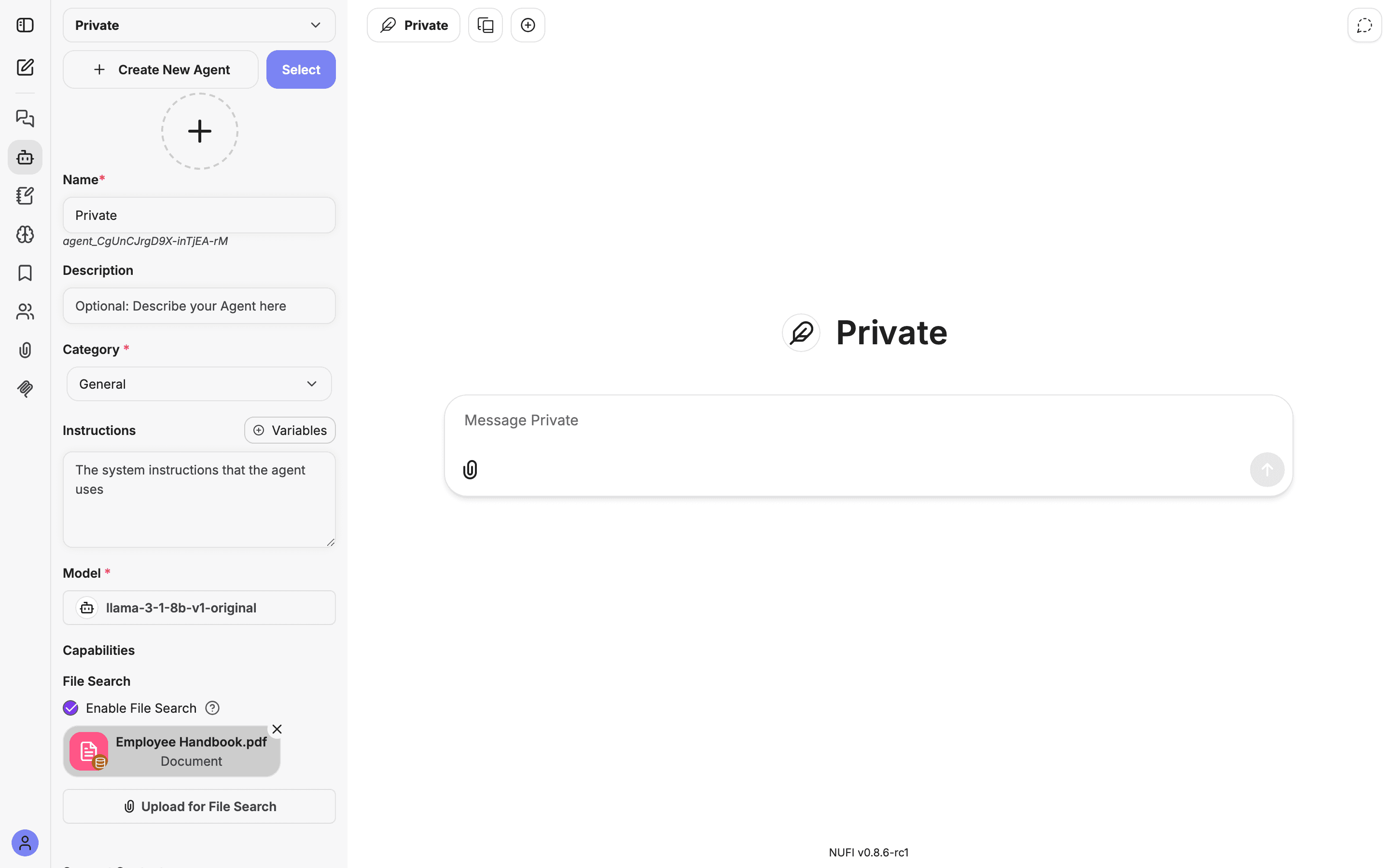 An agent with File Search enabled and a knowledge document attached