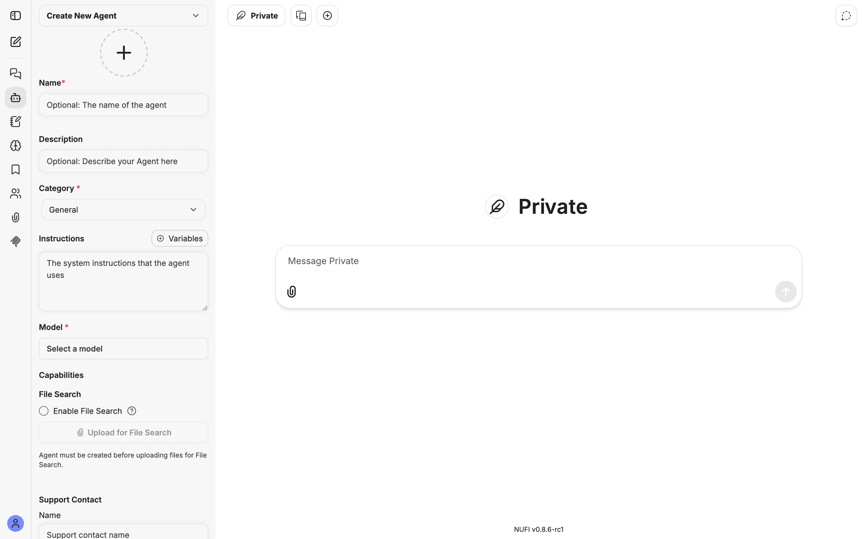A new agent — File Search is under Capabilities, and files can be added once the agent is created