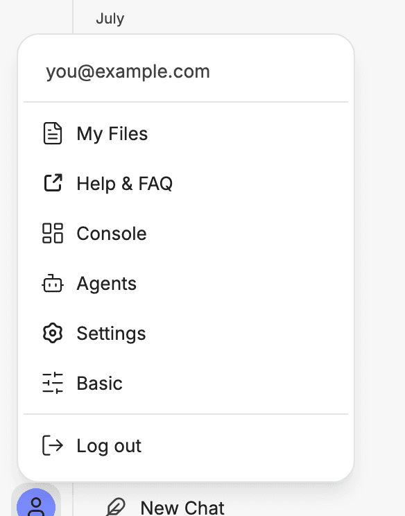 The account menu — My Files, Help & FAQ, Console, Agents, Settings, Advanced, Log out