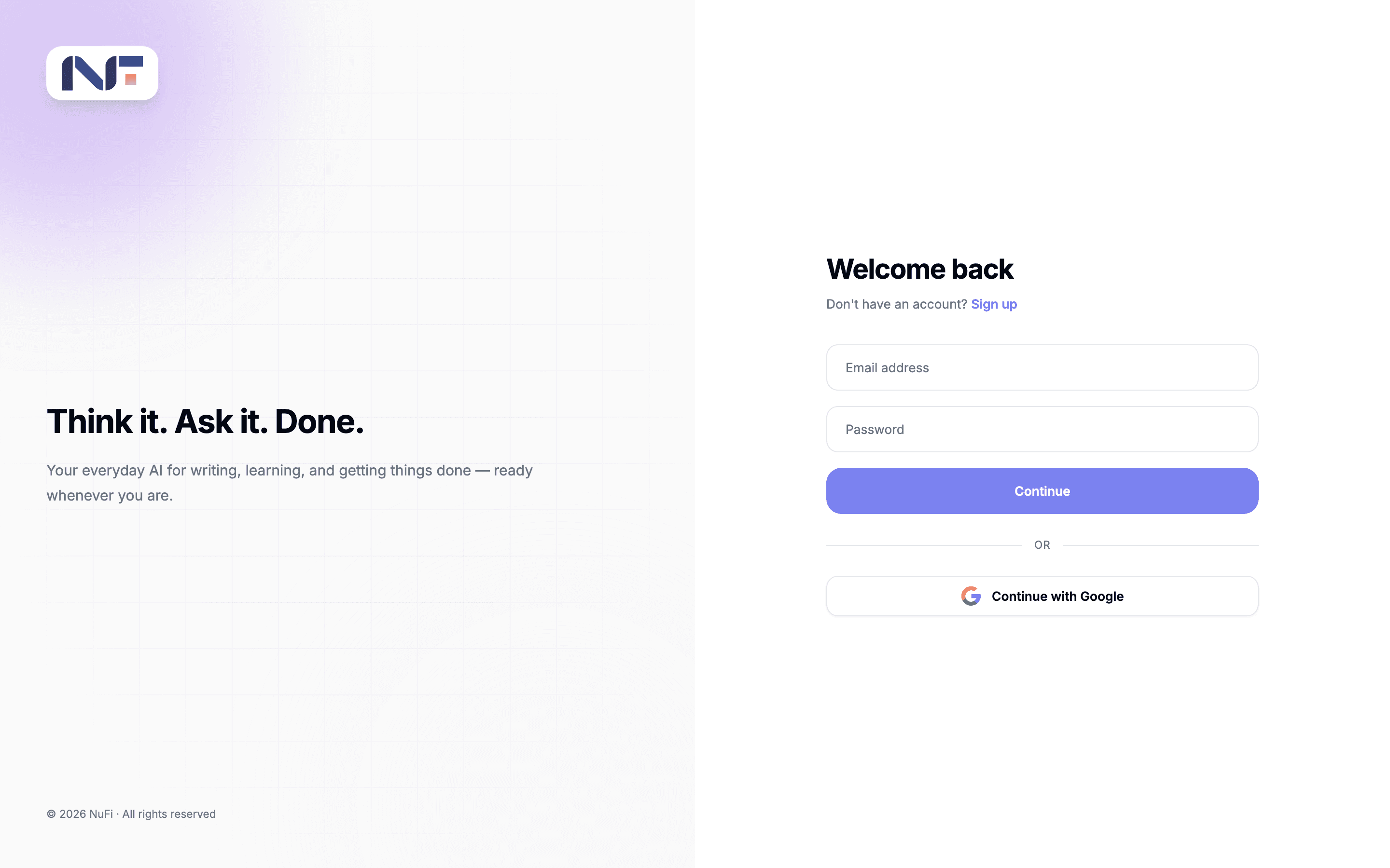 The NuFi app sign-in screen