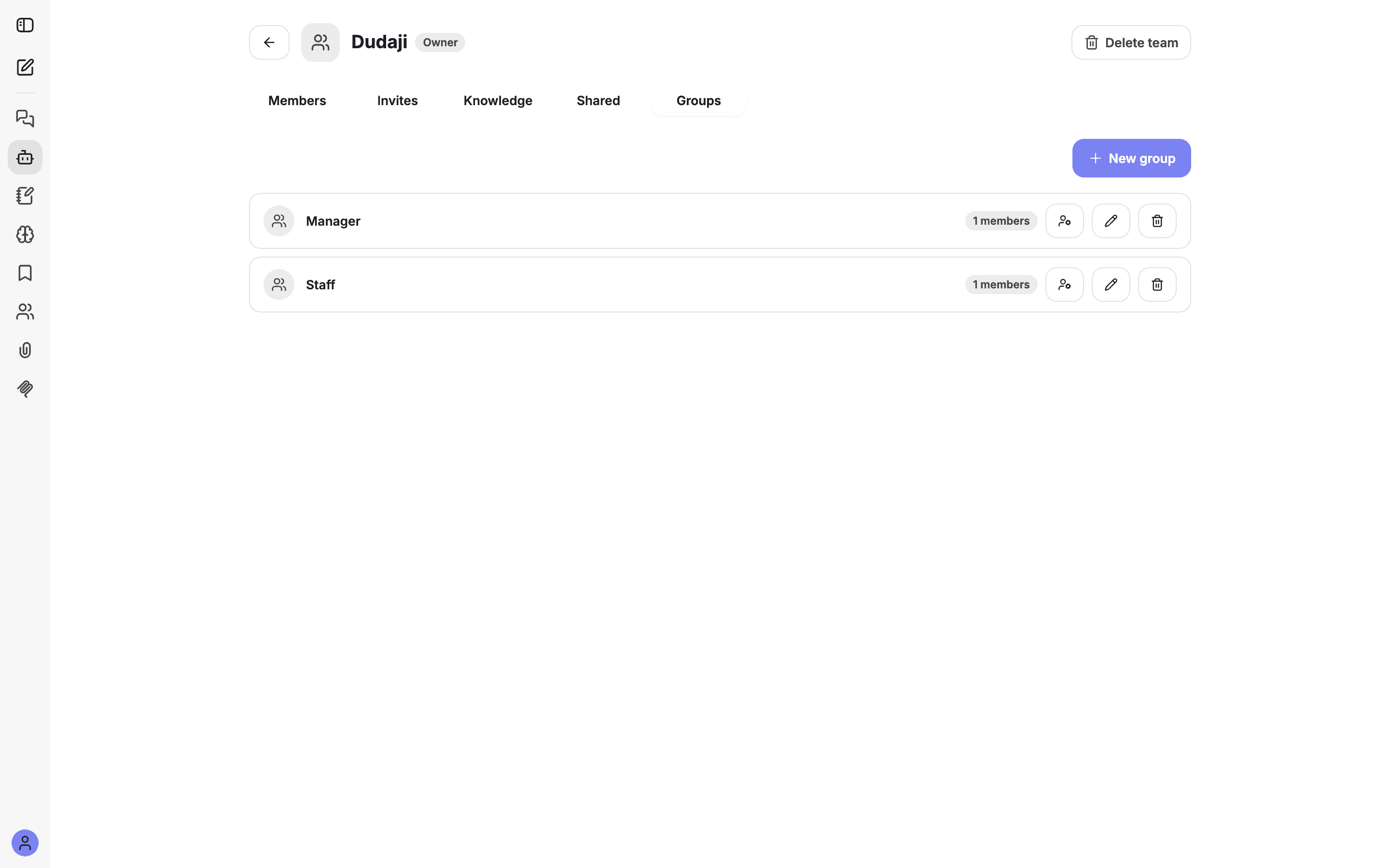 The Groups tab with two groups and a New group button