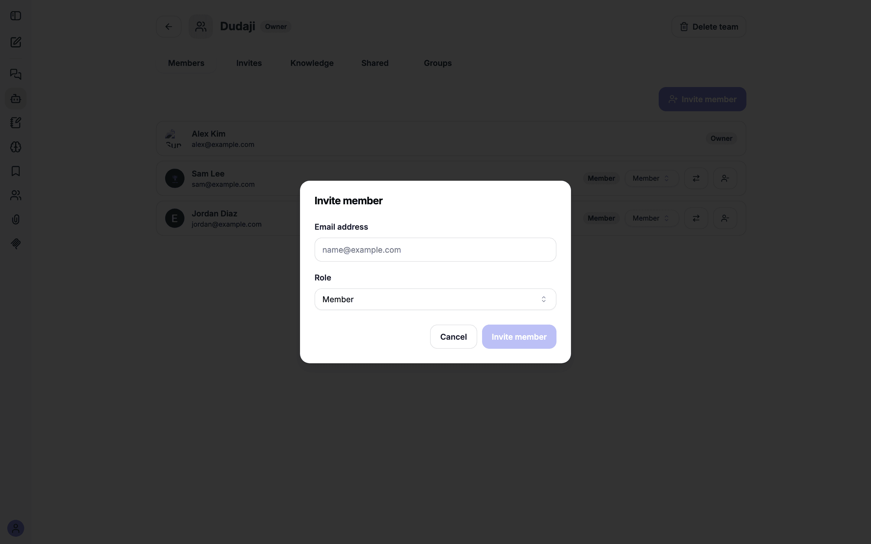 The Invite member dialog with an email field and a role picker