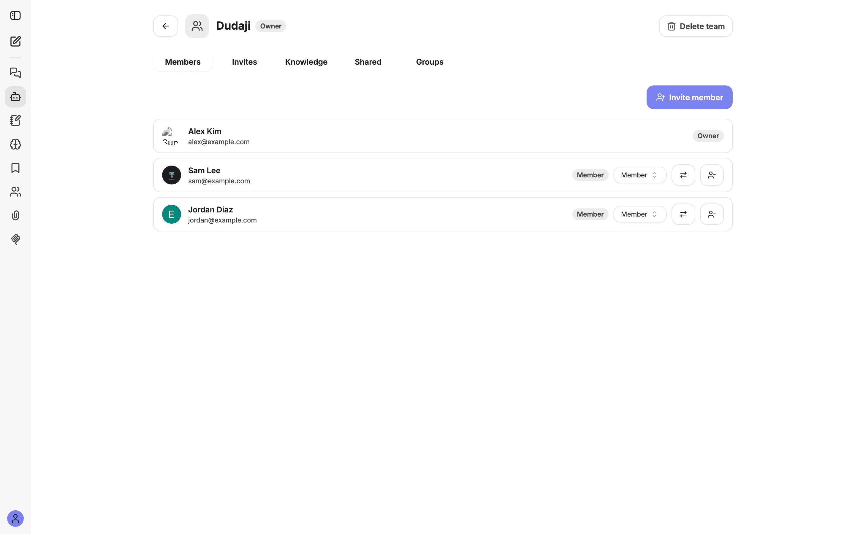 The Members tab listing members with role controls