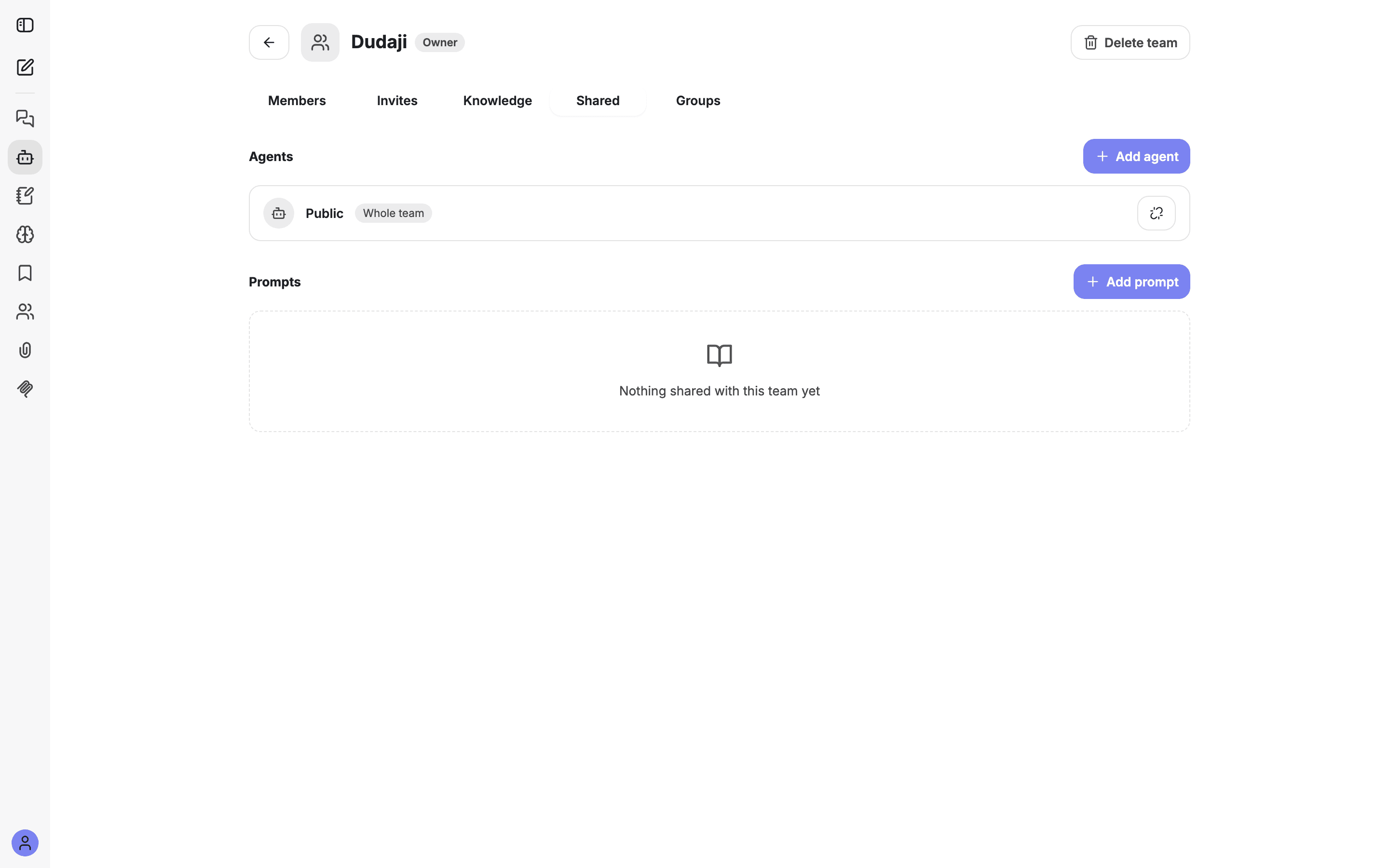 The Shared tab with shared agents and prompts