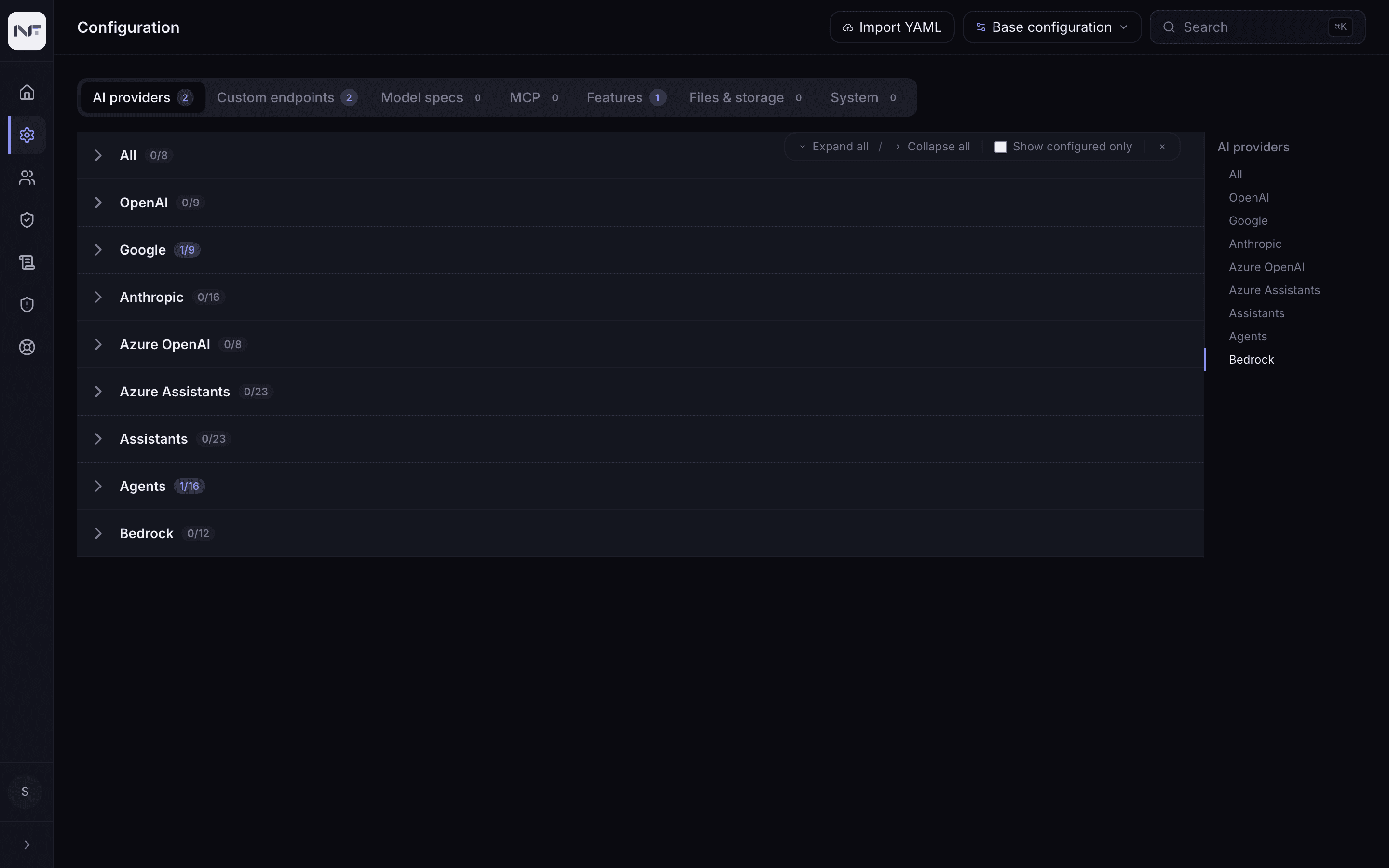 The Configuration page, provider settings under Base configuration
