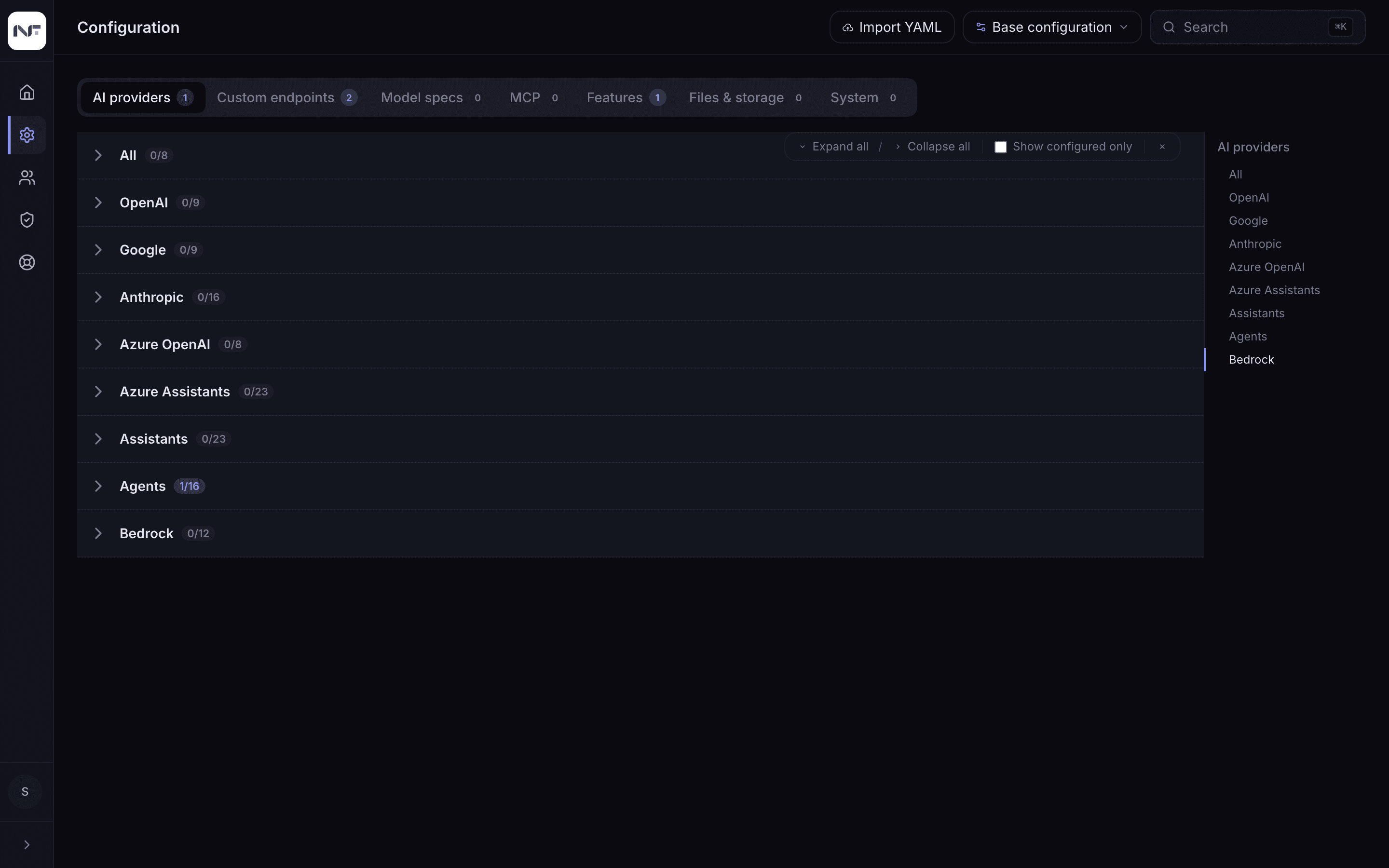 The Configuration page — provider settings under the Base scope