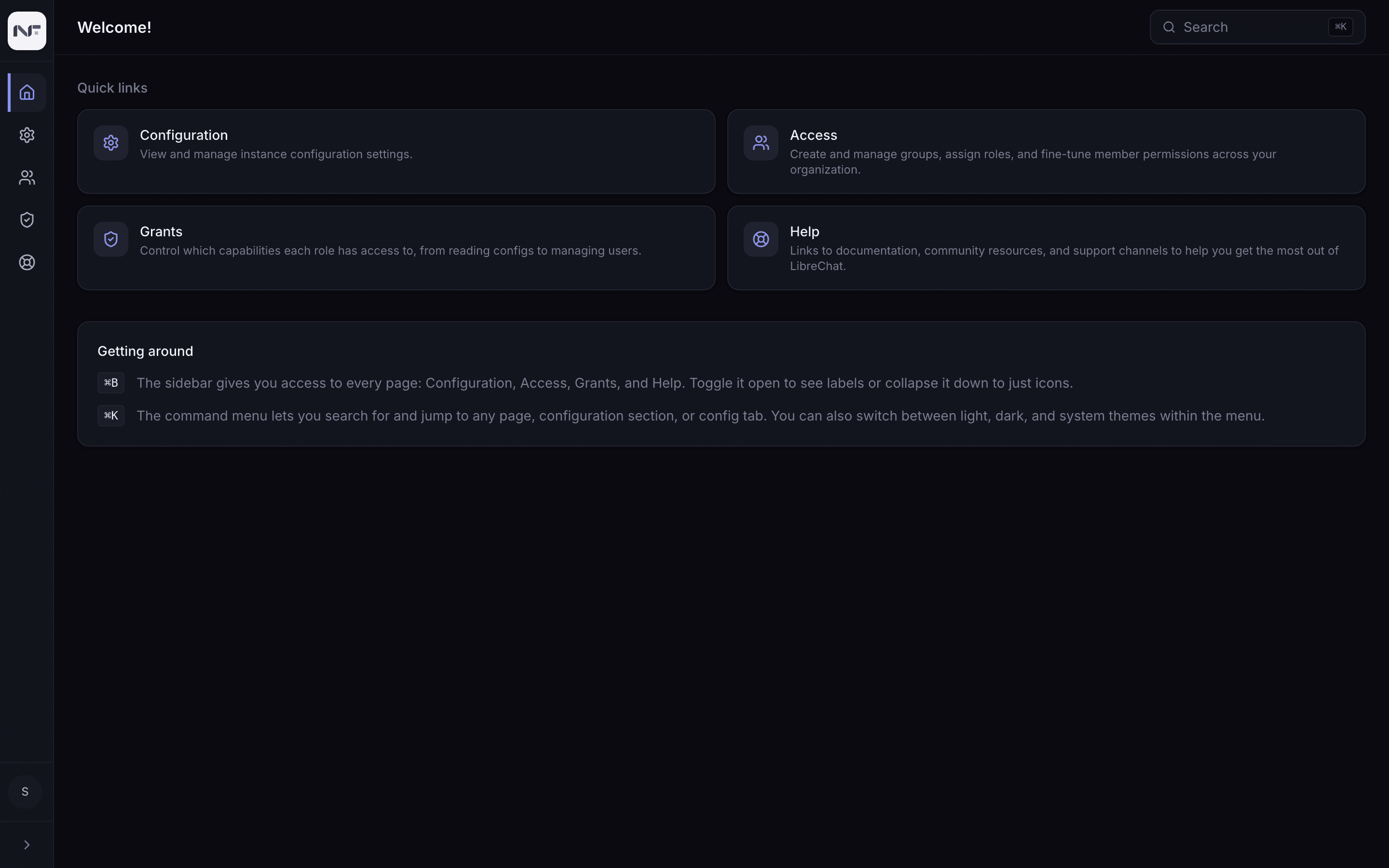 The admin panel dashboard with quick links