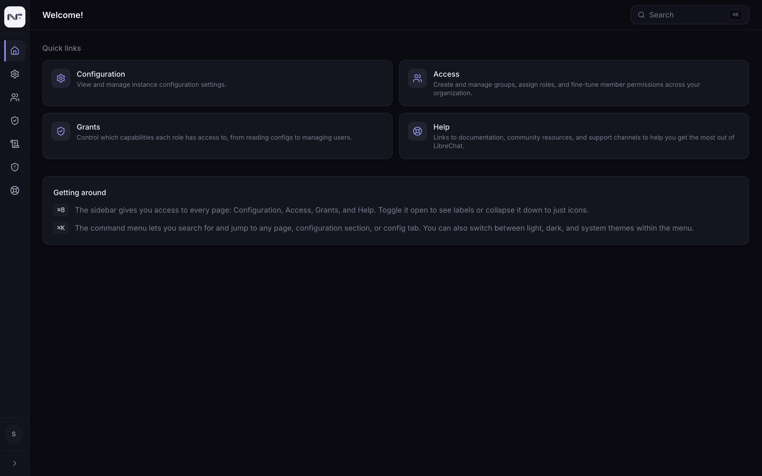 The admin panel dashboard with quick links