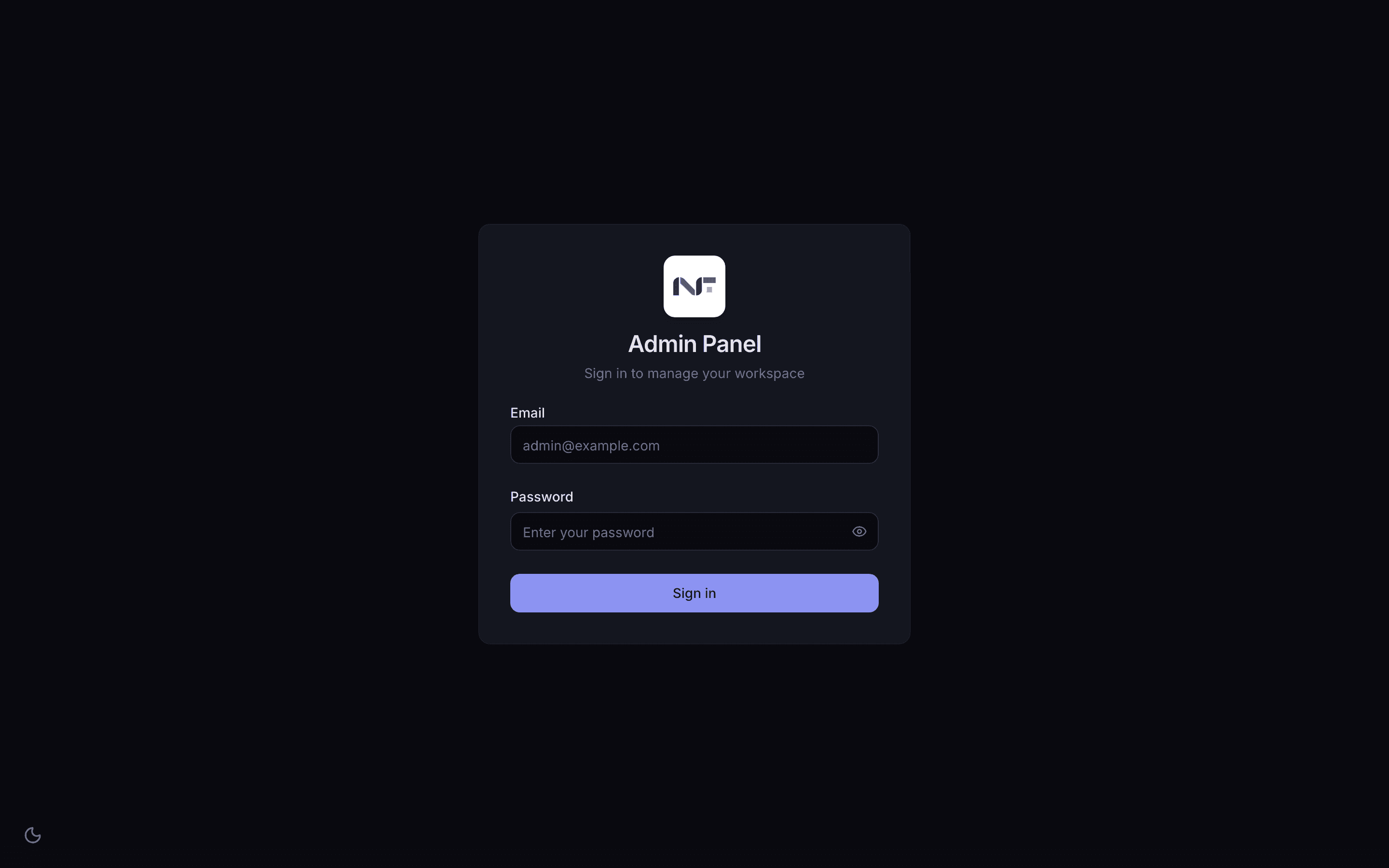 The admin panel sign-in screen