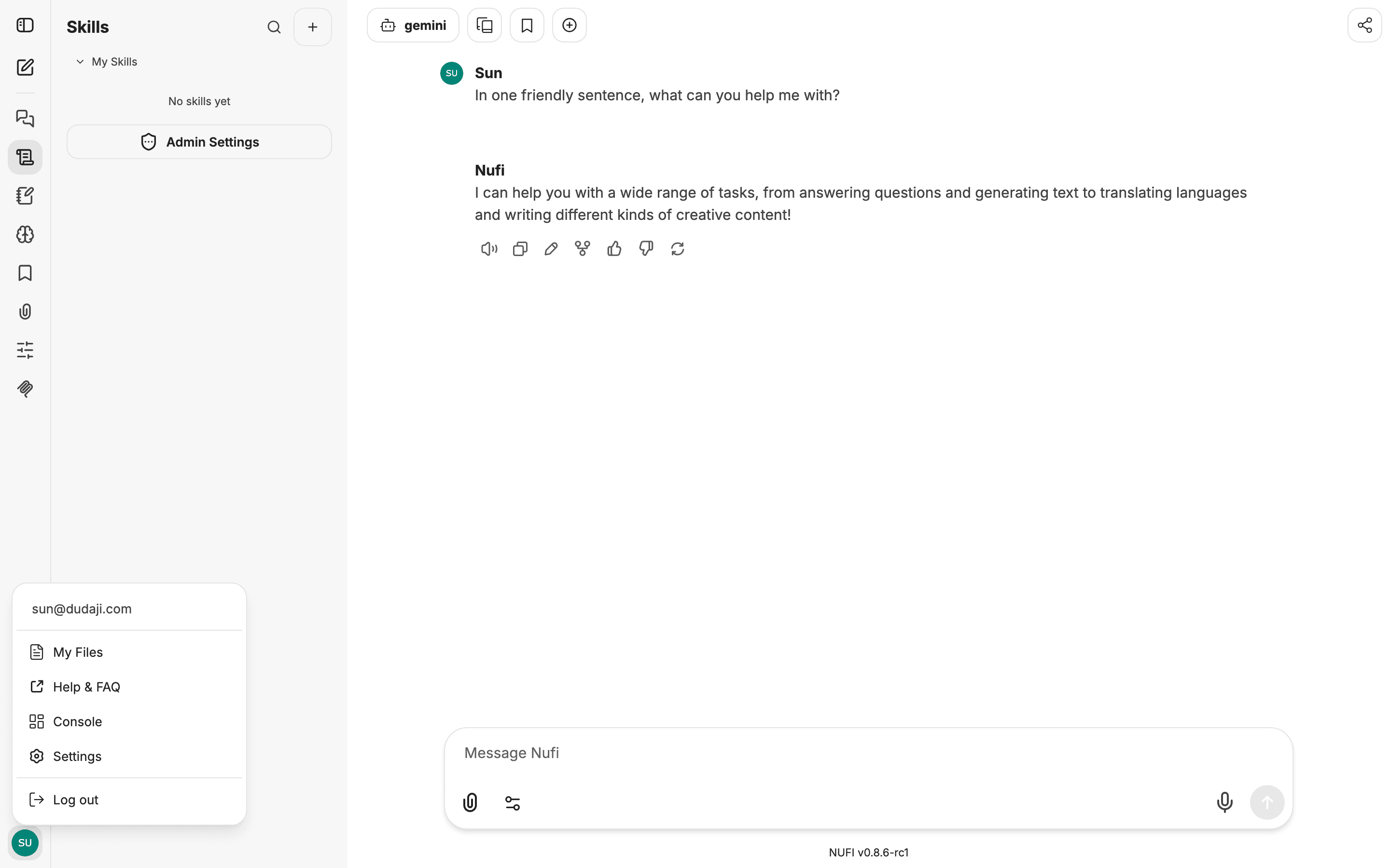 The account menu — My Files, Help & FAQ, Console, Settings, Log out