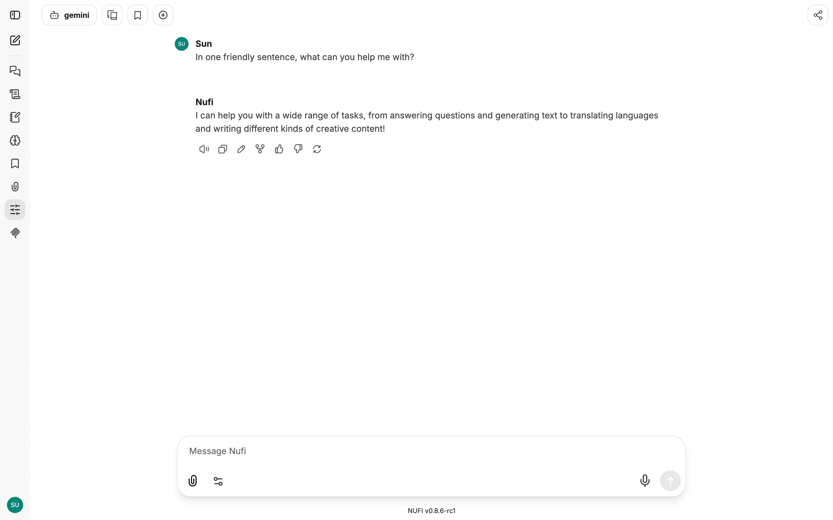 A conversation in the NUFI app, with the answer toolbar under the reply