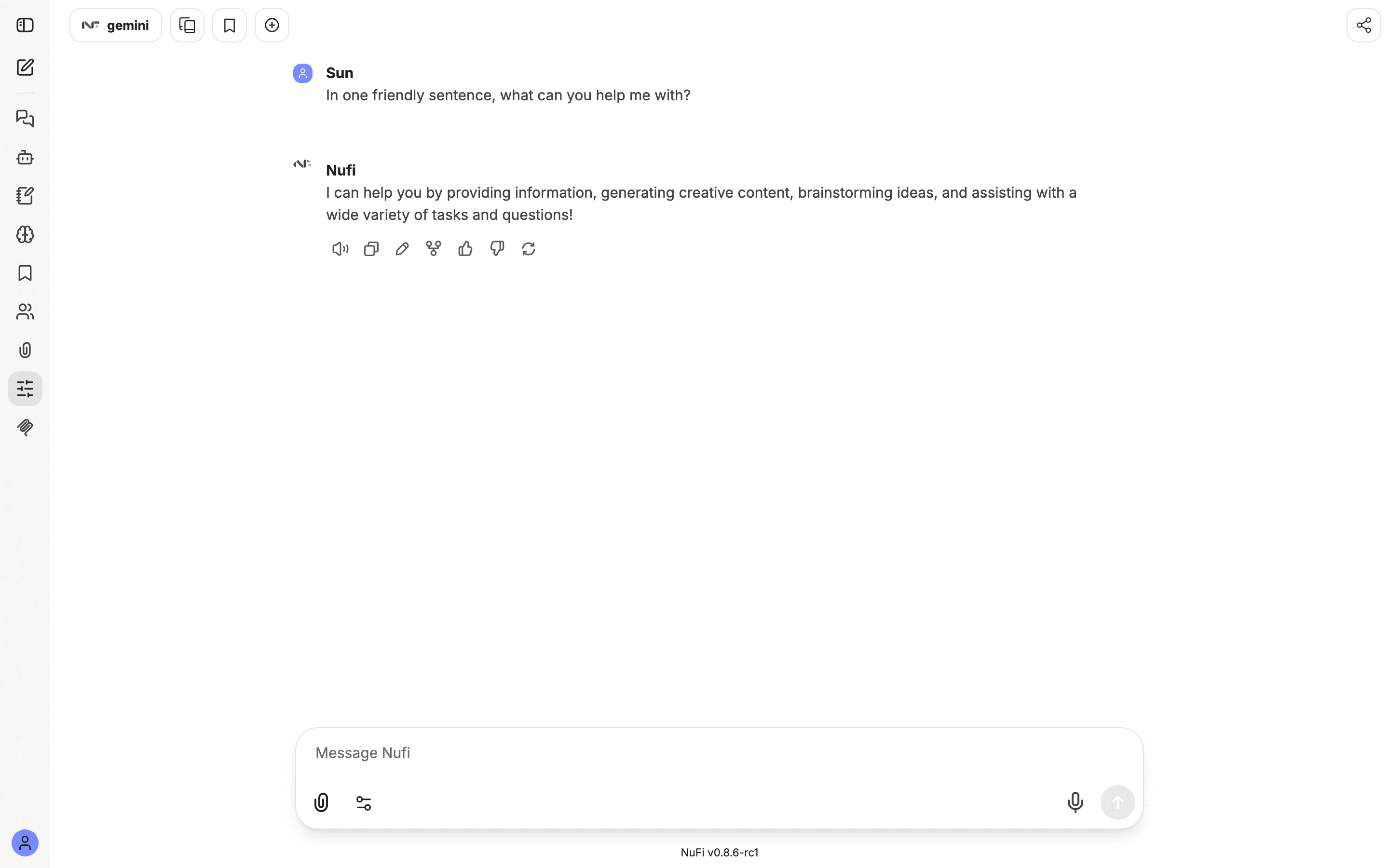 A conversation in the NuFi app, with the answer toolbar under the reply