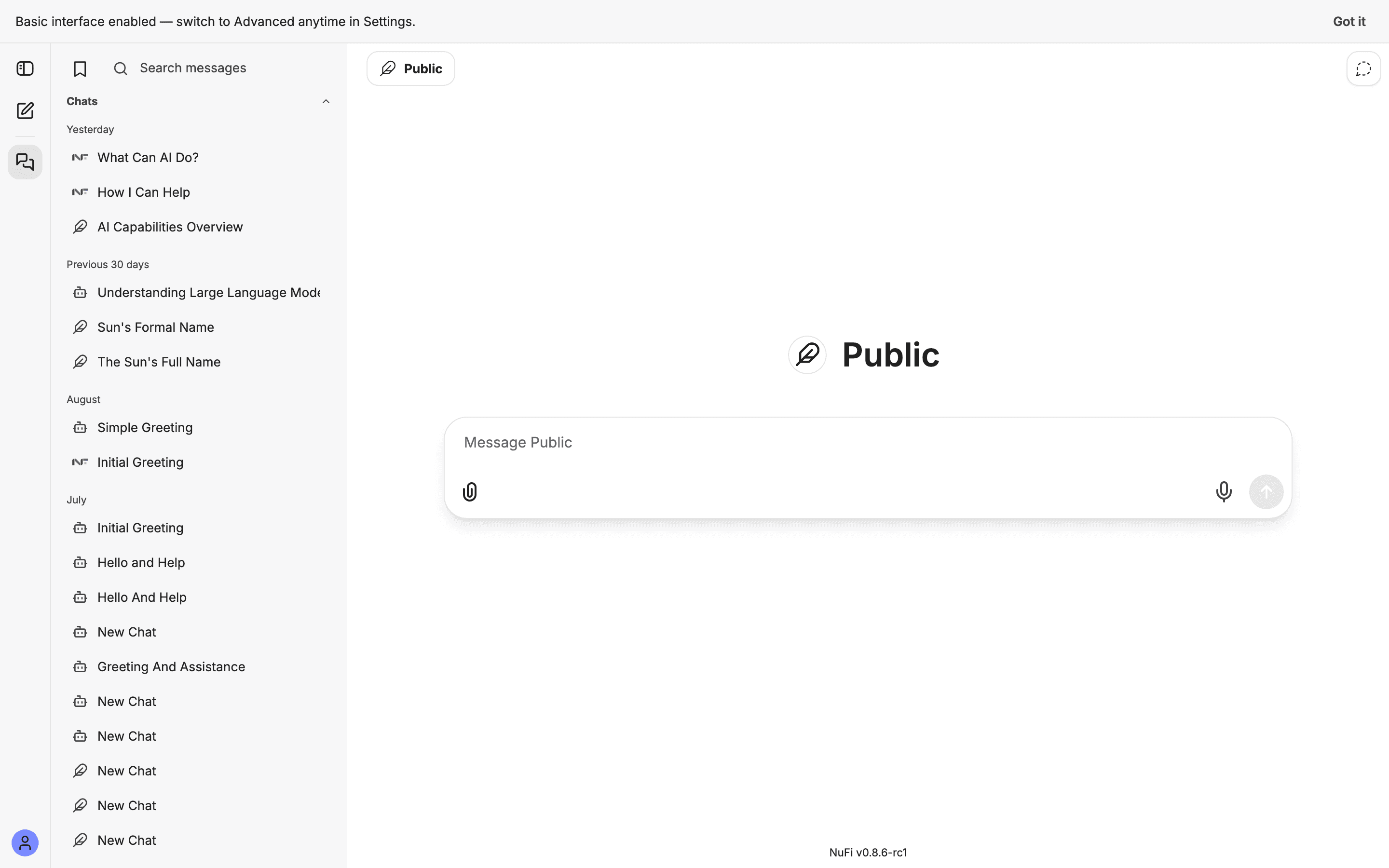 The Basic interface: a chat window, the conversation list, and the banner