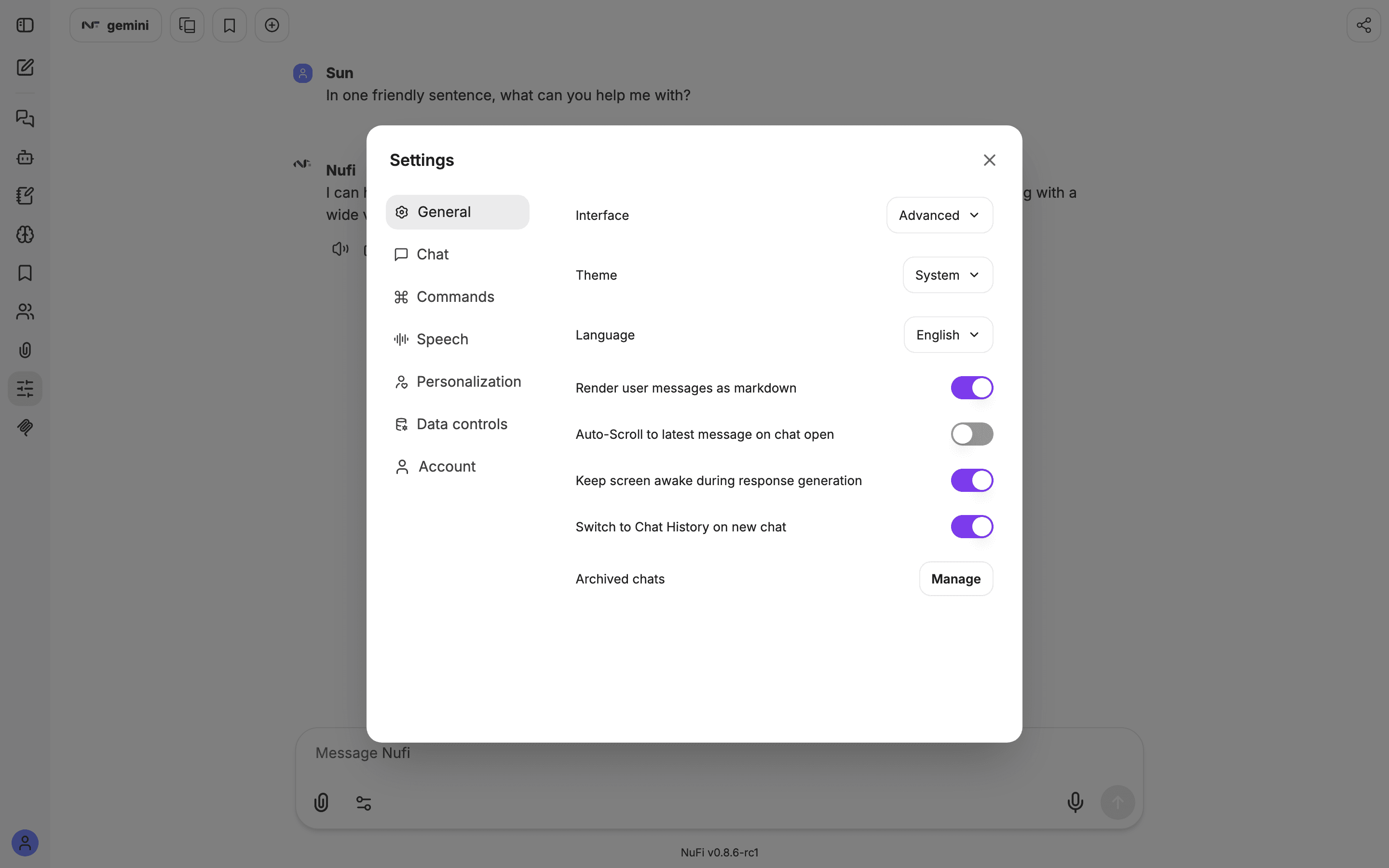 Settings → General, with the Interface selector