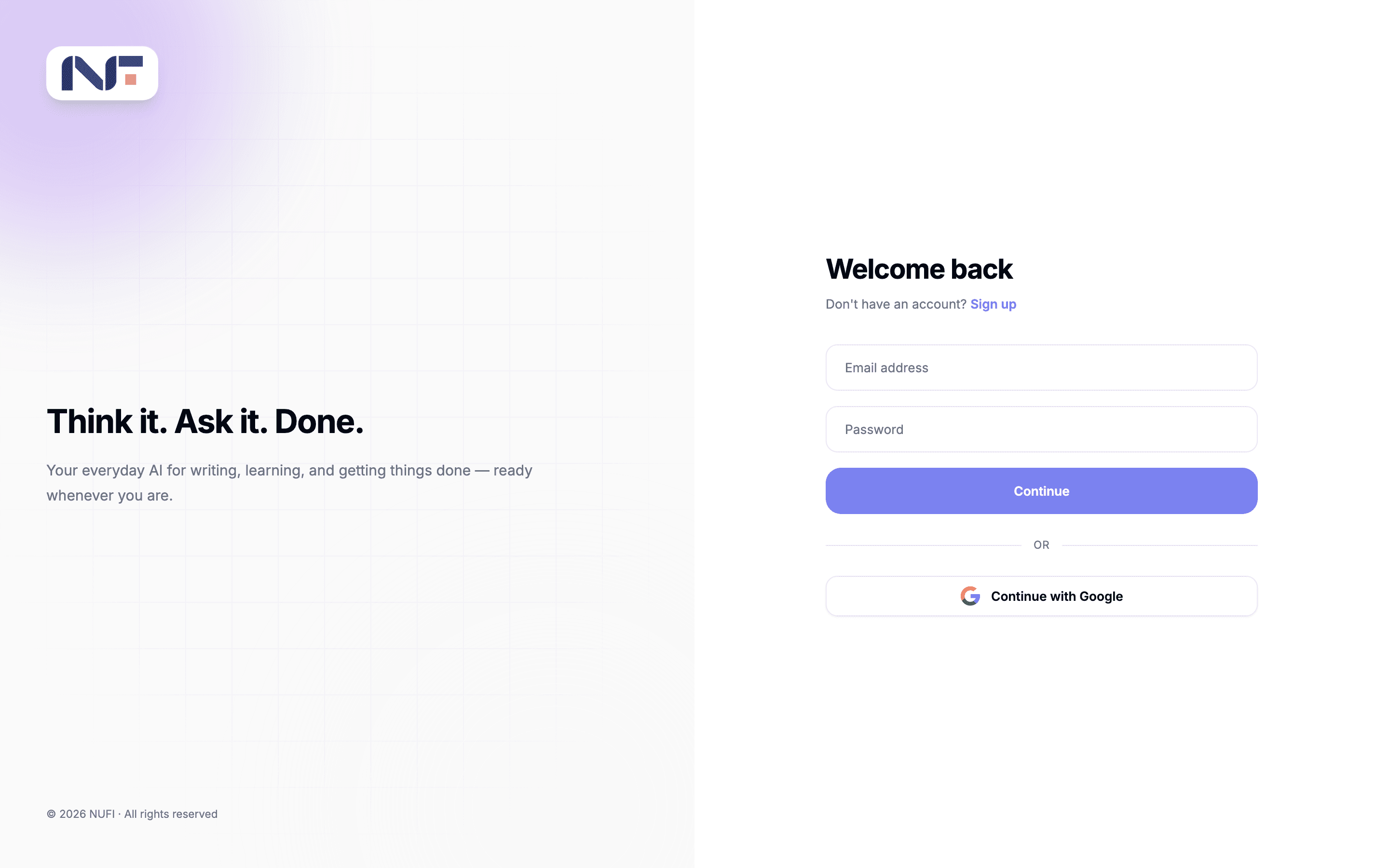 The NUFI app sign-in screen