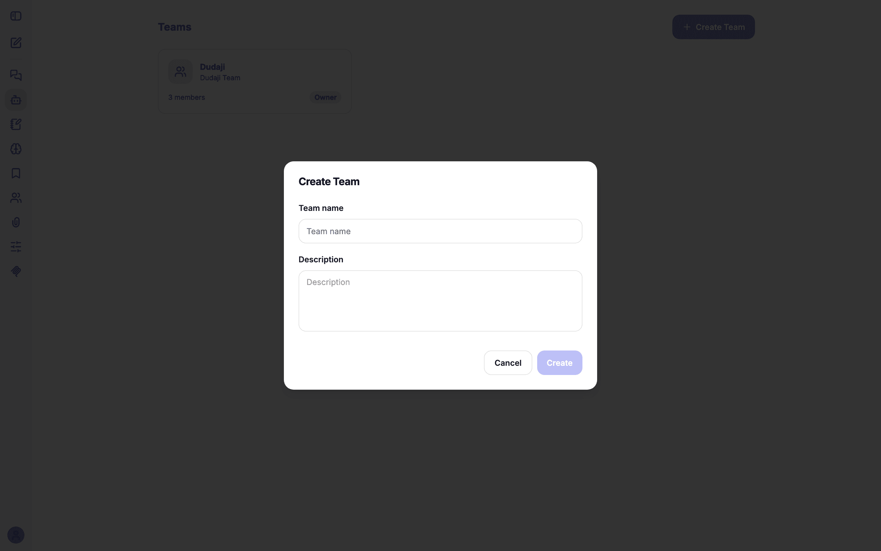 The Create Team dialog