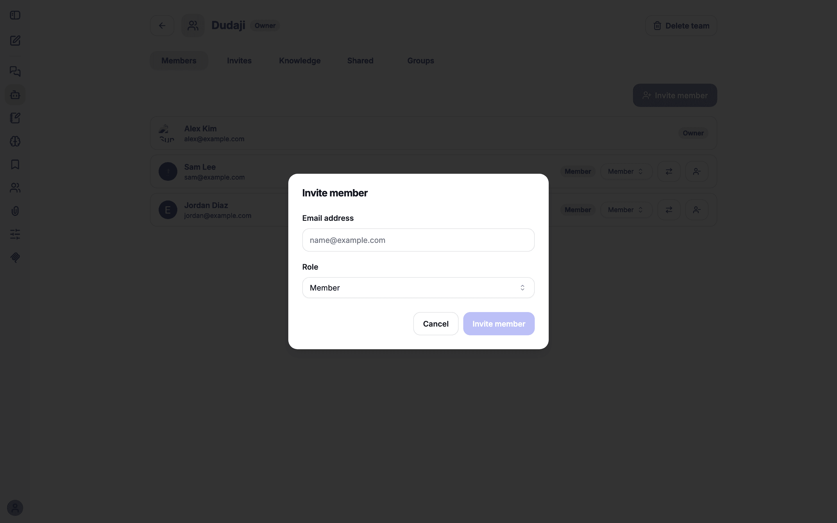 The Invite member dialog
