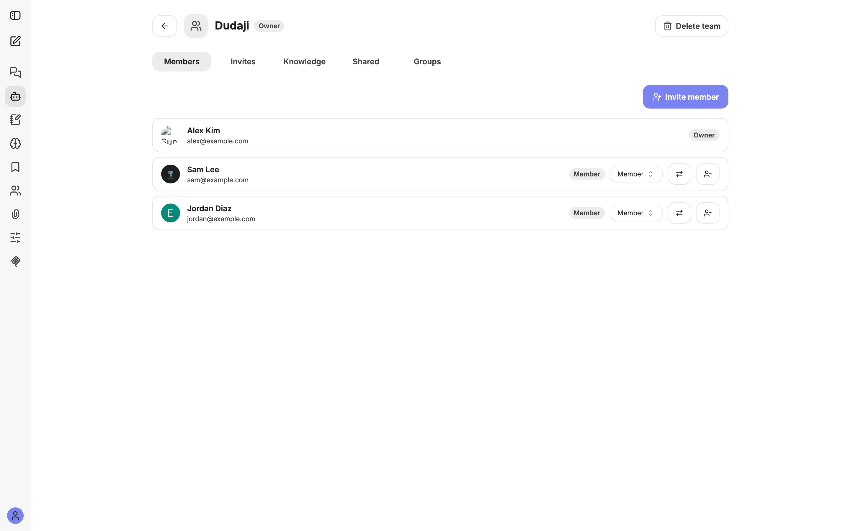 The Members tab with role controls