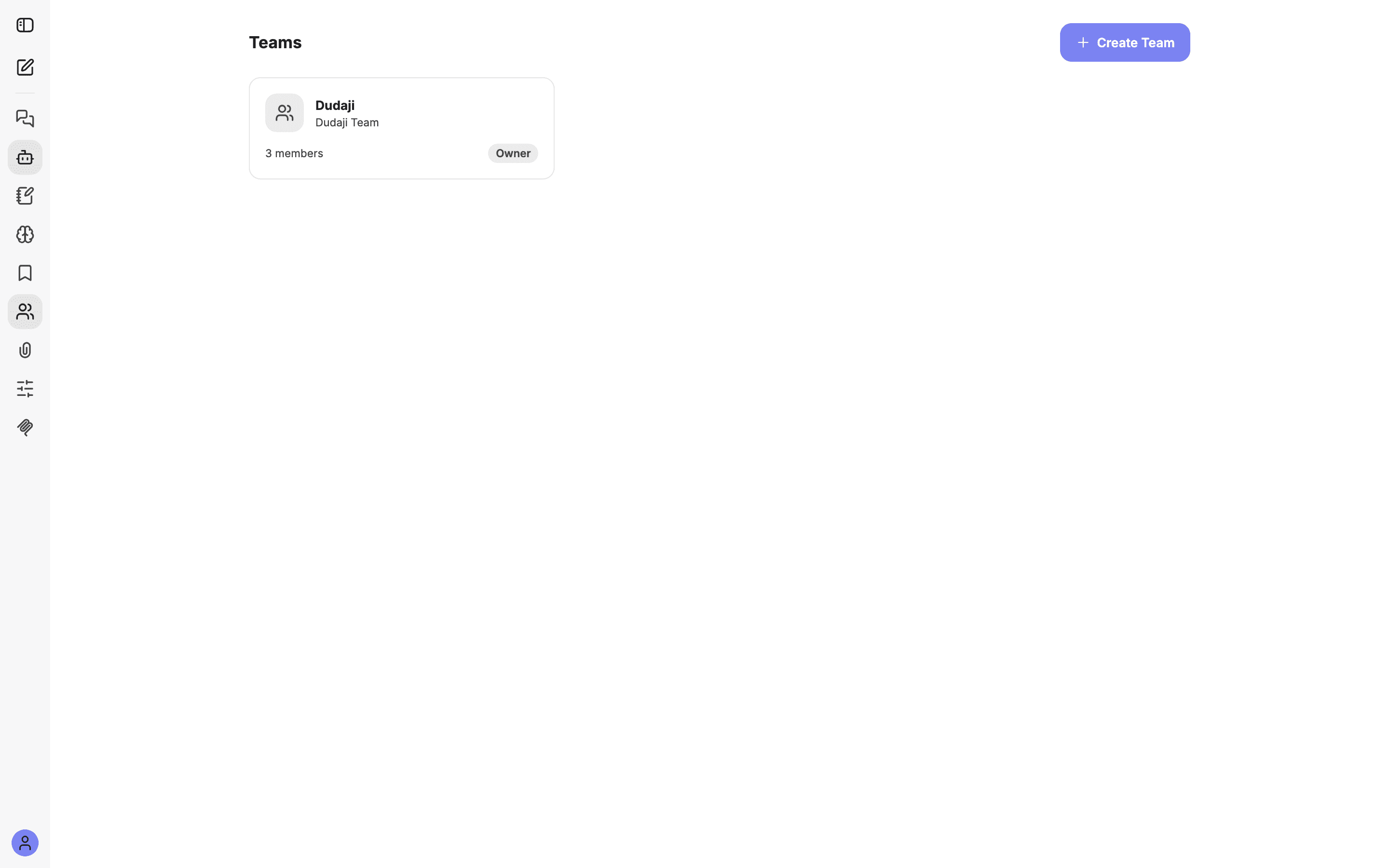 The Teams page showing your teams and the Create Team button