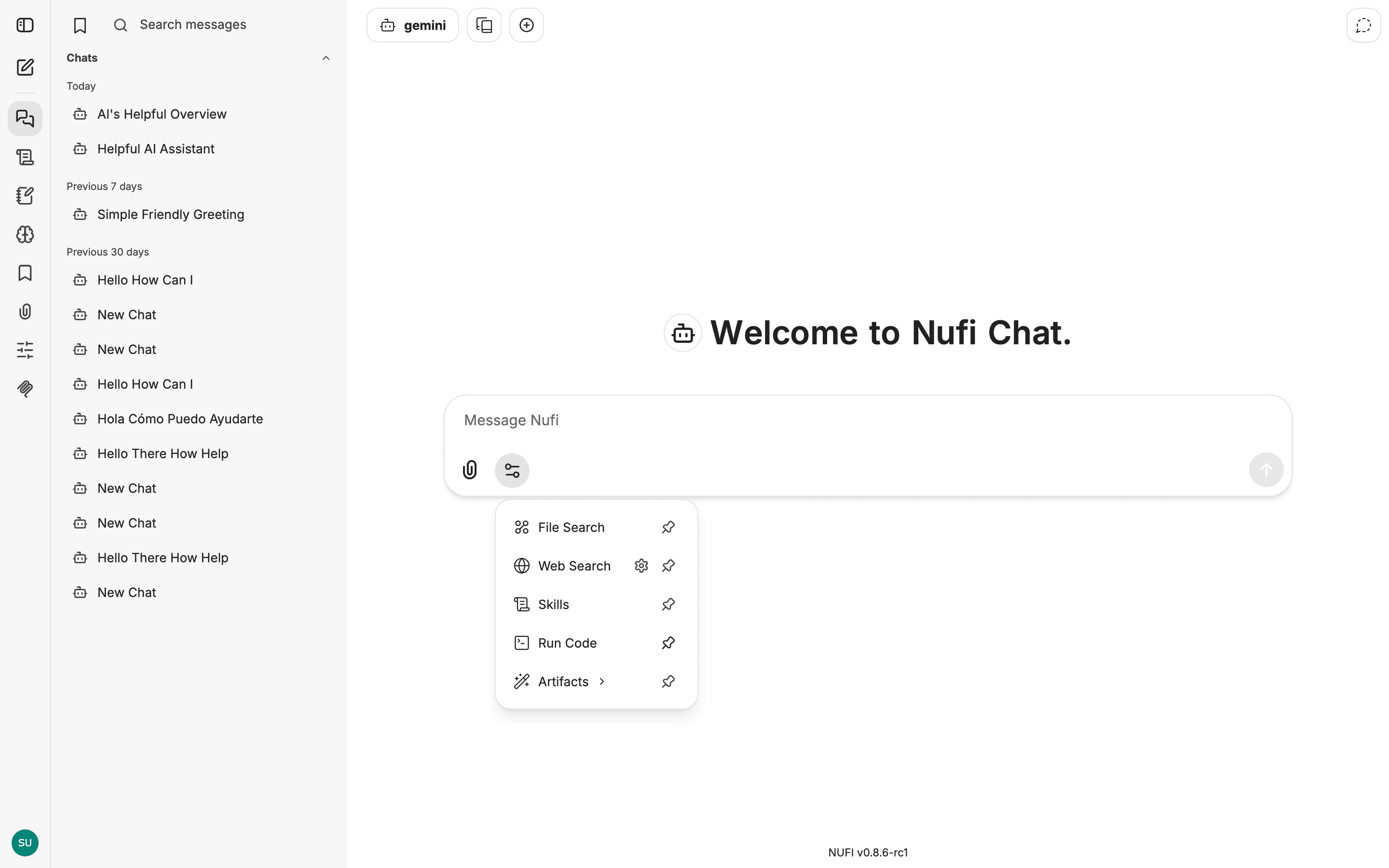 The Tools menu — File Search, Web Search, Skills, Run Code, Artifacts