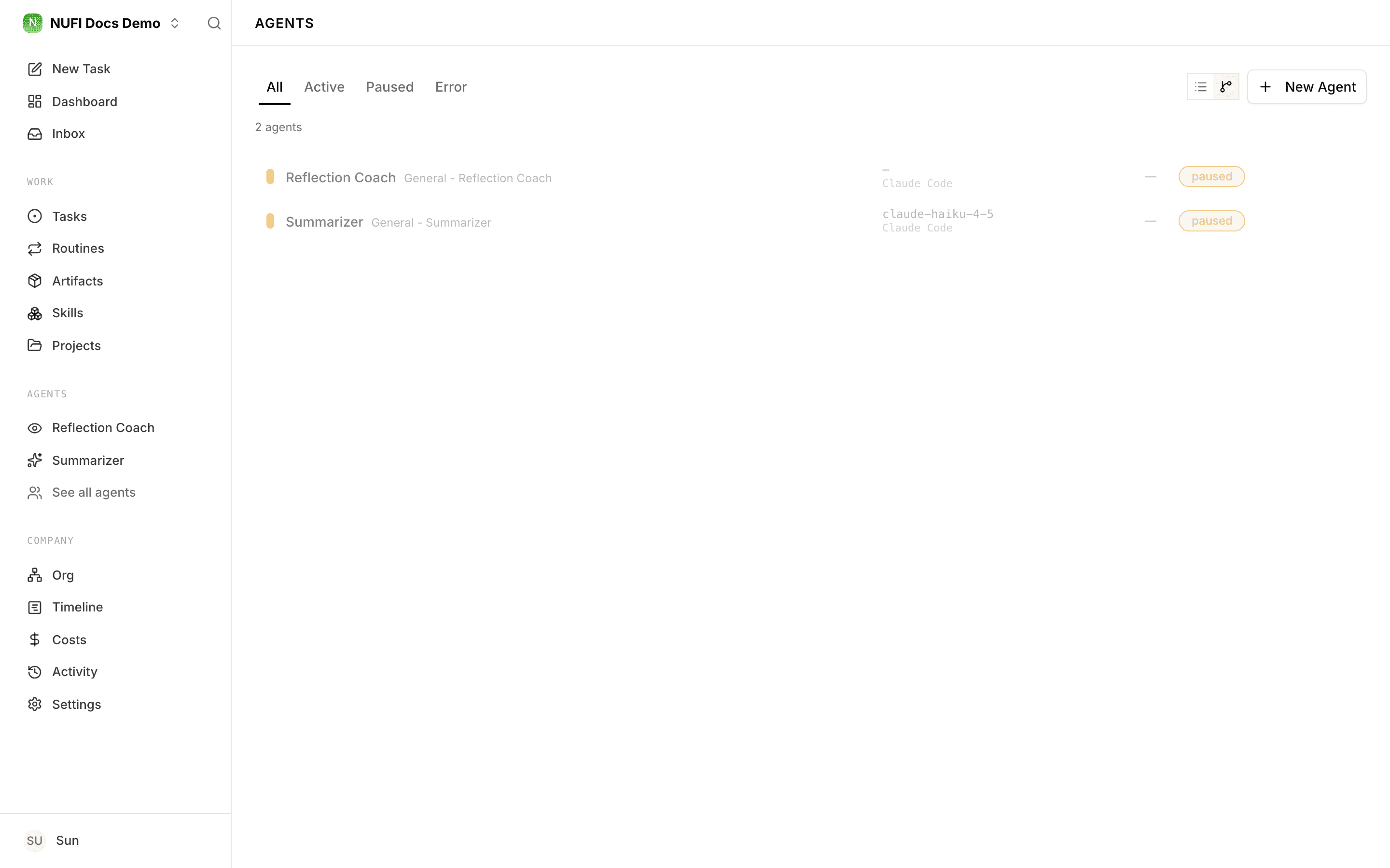 The Agents page, with the two built-in agents paused