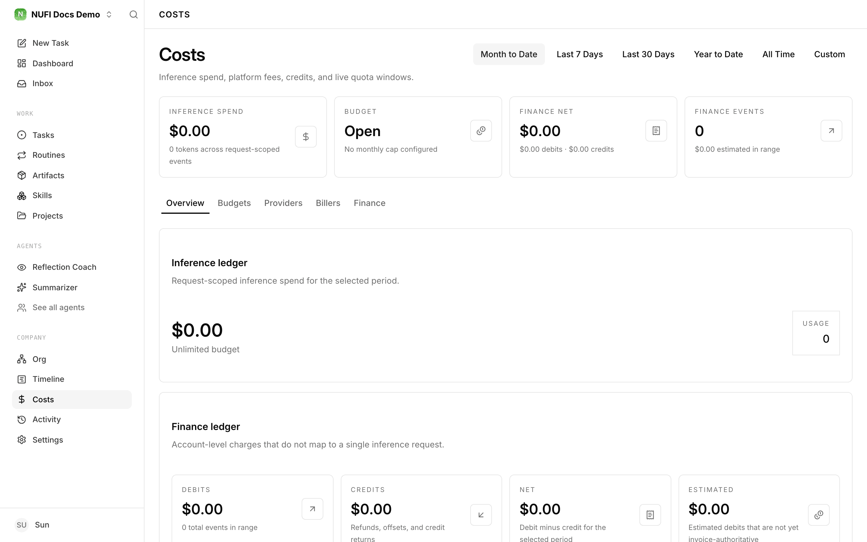 The Costs page of a new company